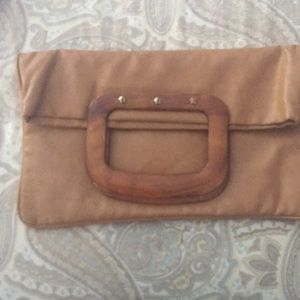 Brown Leather Clutch with wooden handle